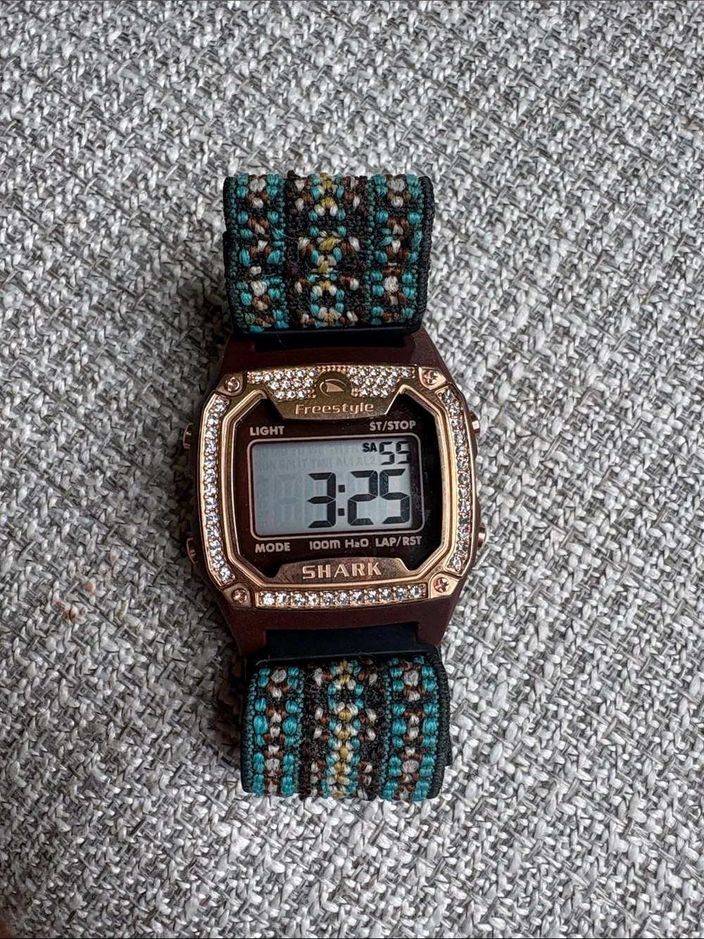 Freestyle Shark Watch with Teal and Brown Woven Strap, Rose Gold Crystal Bezel
